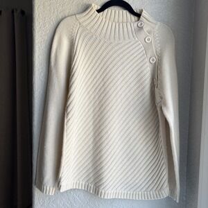Womens Large Cream Sweater Asymmetrical Button Mock Neck Diagonal Ribbed